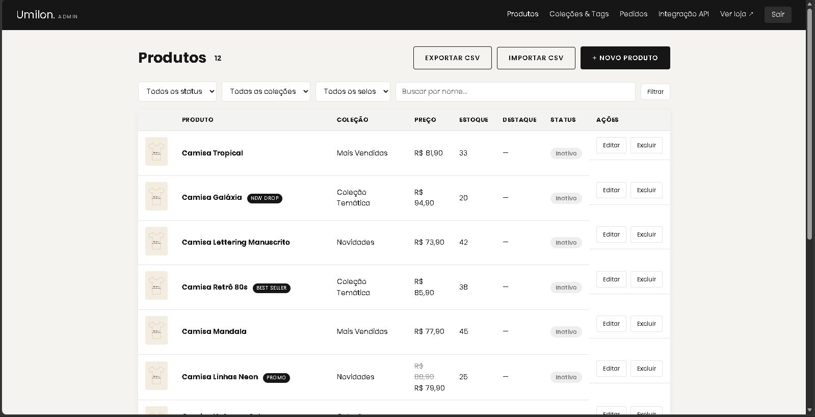 Painel de produtos da Umilon